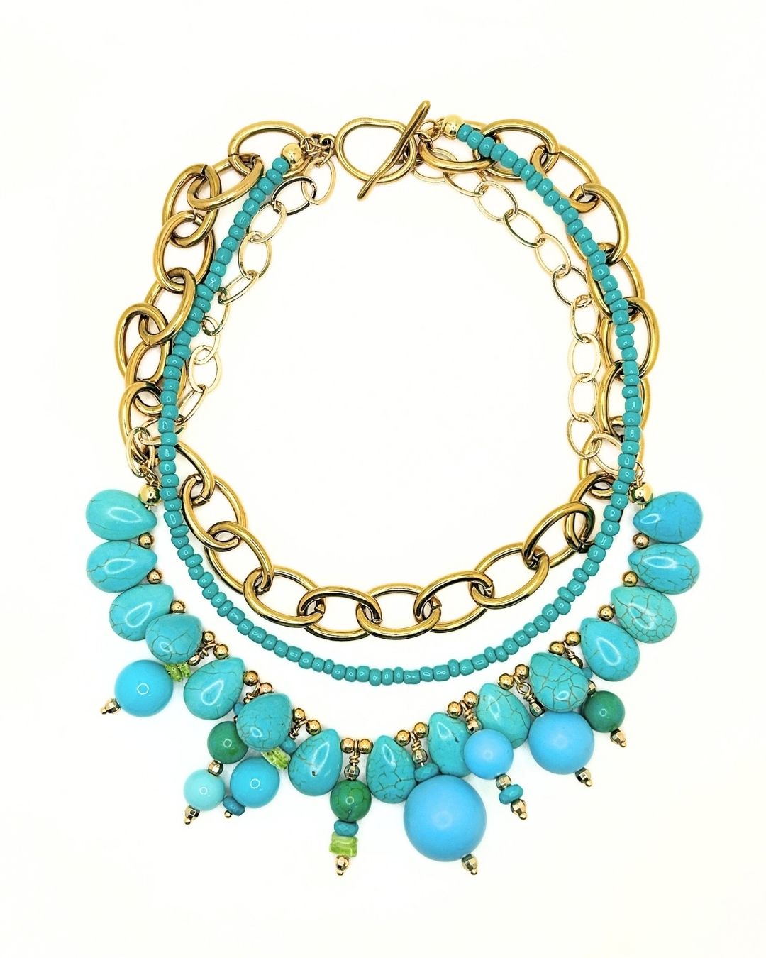 Multi-Strand Gold Tone Turquoise Colored Chunky Beaded Necklace