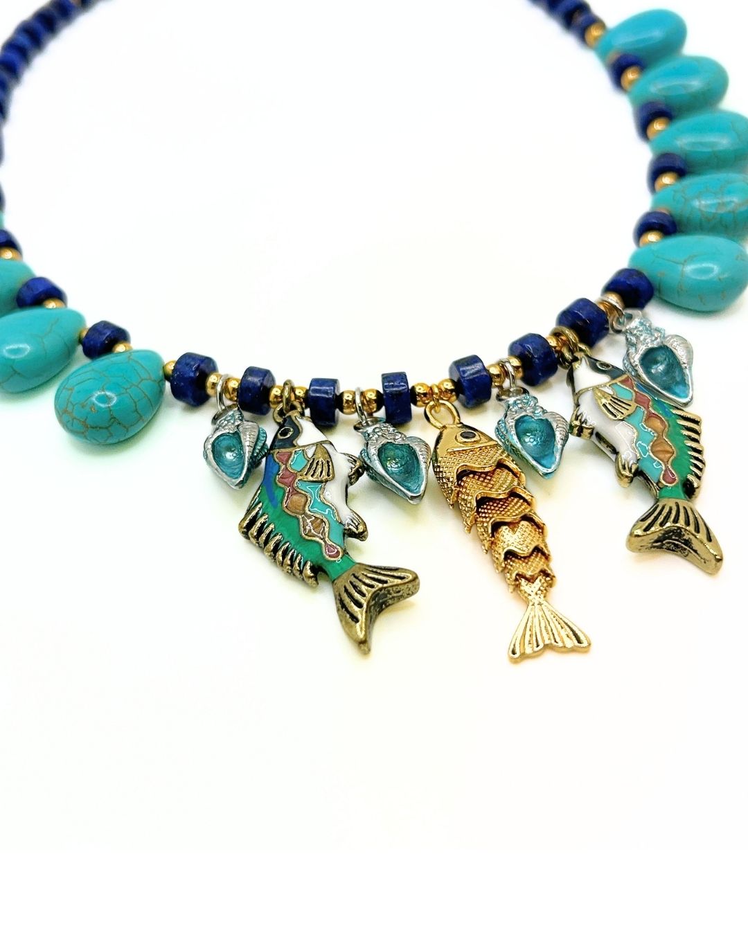 Turquoise Howlite Faux Lapis Fish Charm Necklace