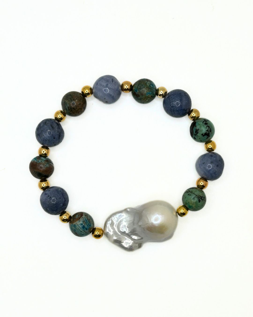 African Turquoise & Baroque Pearl Stretch Bracelet