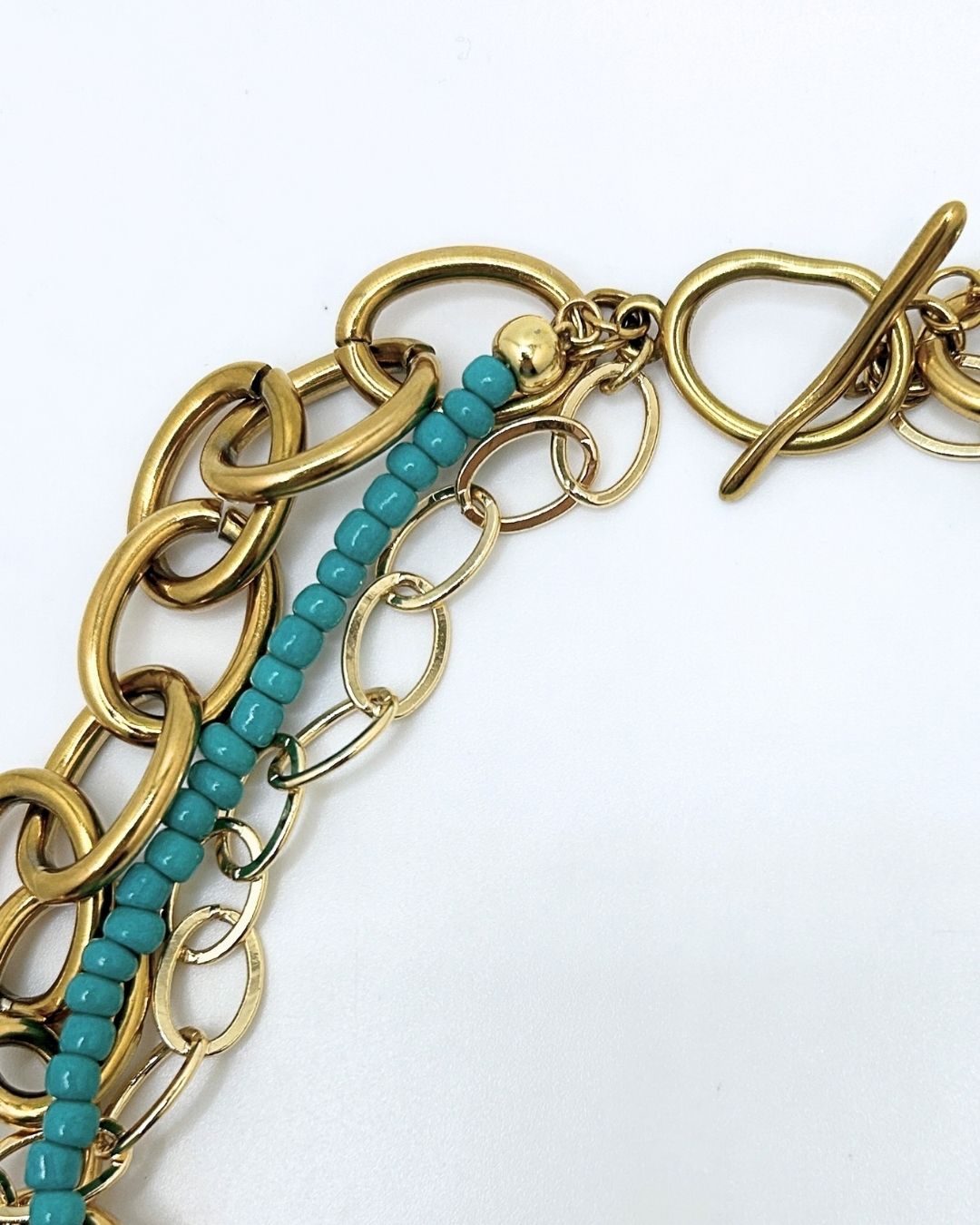 Multi-Strand Gold Tone Turquoise Colored Chunky Beaded Necklace