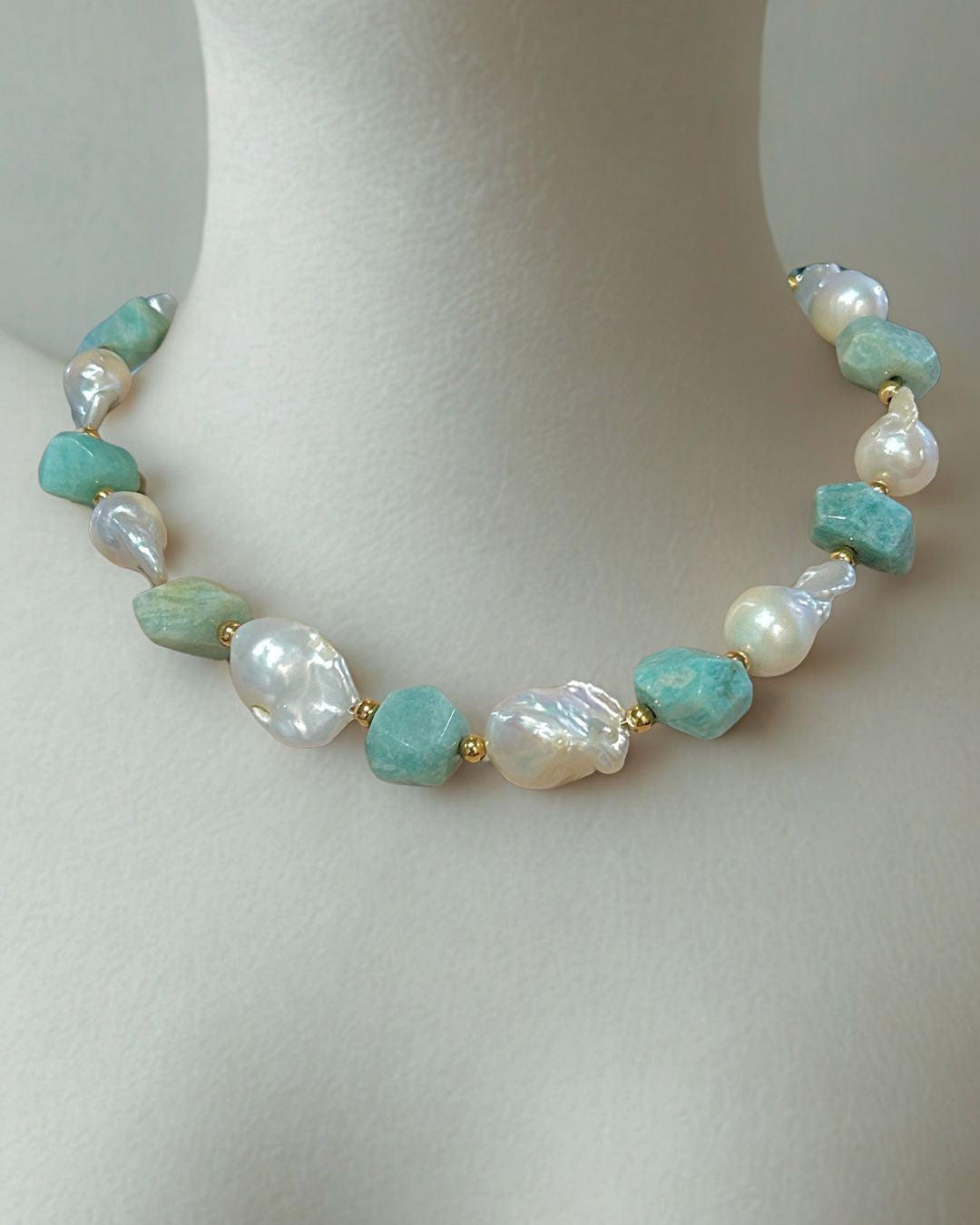 Amazonite Nugget Baroque Pearl Statement Necklace