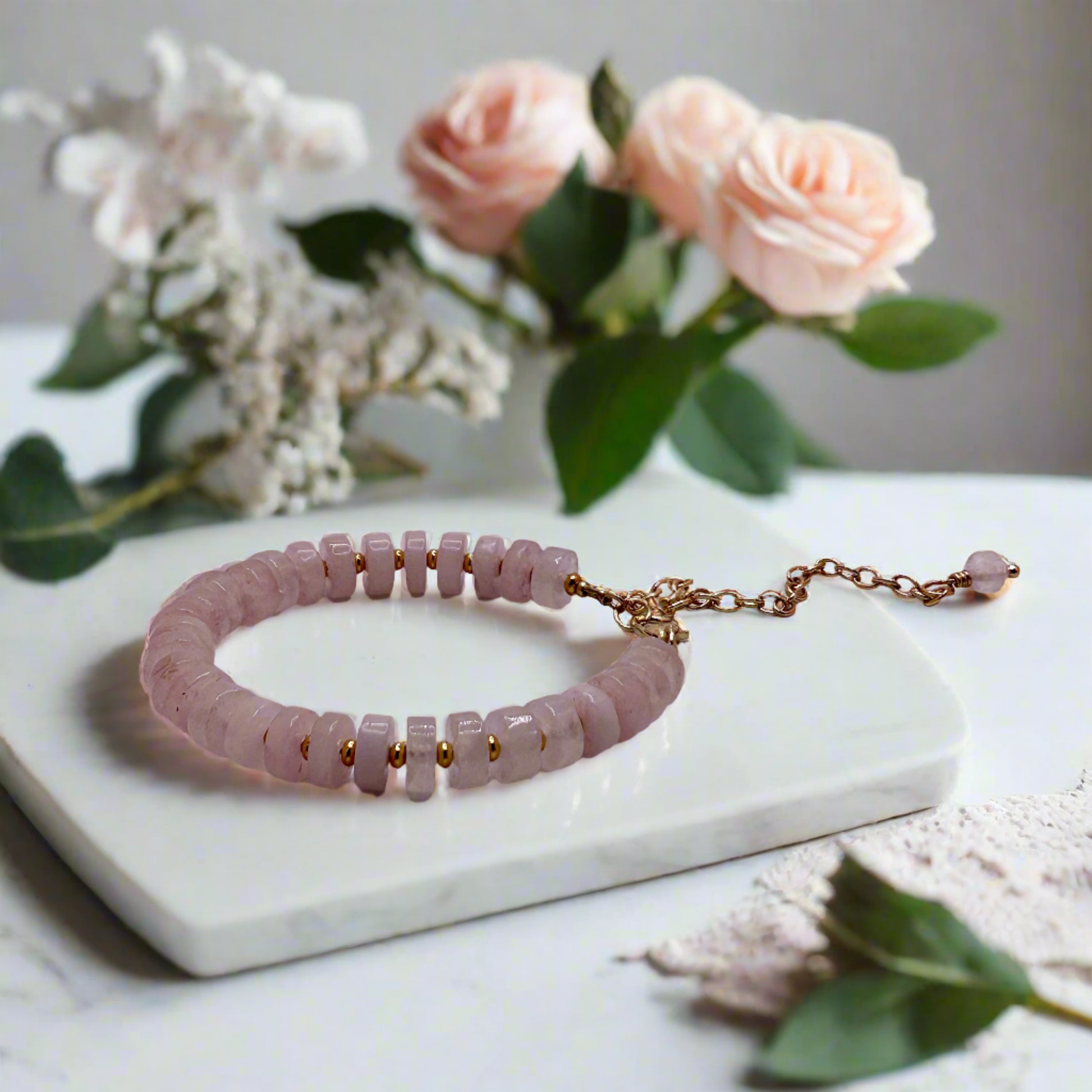 Rose Quartz Heishi Beaded Bracelet Anklet - T. Randall Jewelry