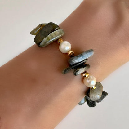 Labradorite Stick and Pearl Stretch Bracelet - T. Randall Jewelry