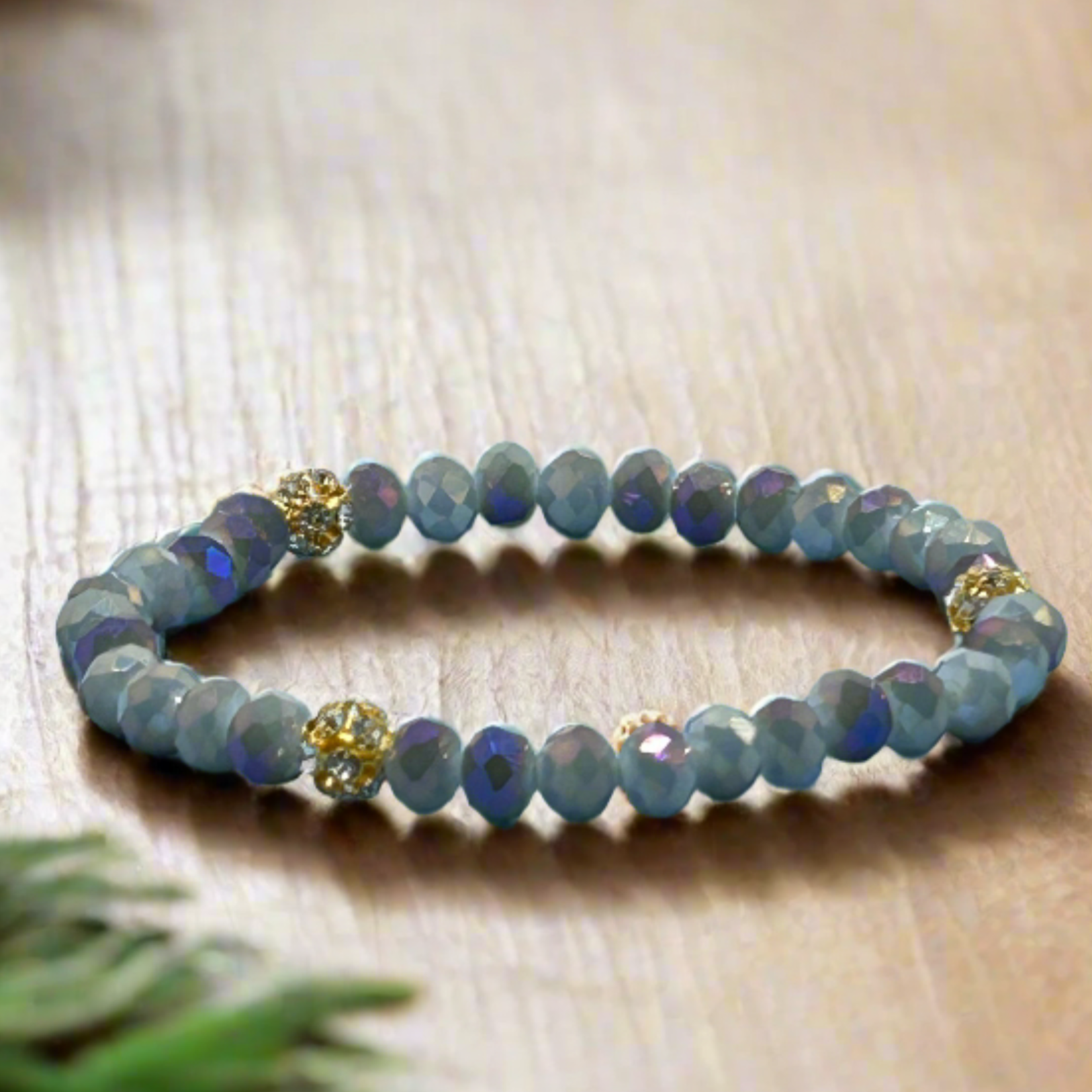 Blue Gold Crystal Beaded Stretch Bracelet - T. Randall Jewelry