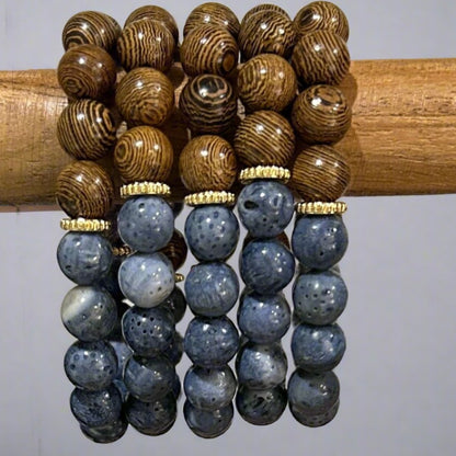 Blue Stone and Wood Stretch Bracelet - T. Randall Jewelry