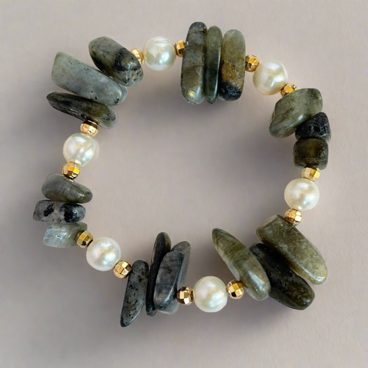 Labradorite Stick and Pearl Stretch Bracelet - T. Randall Jewelry