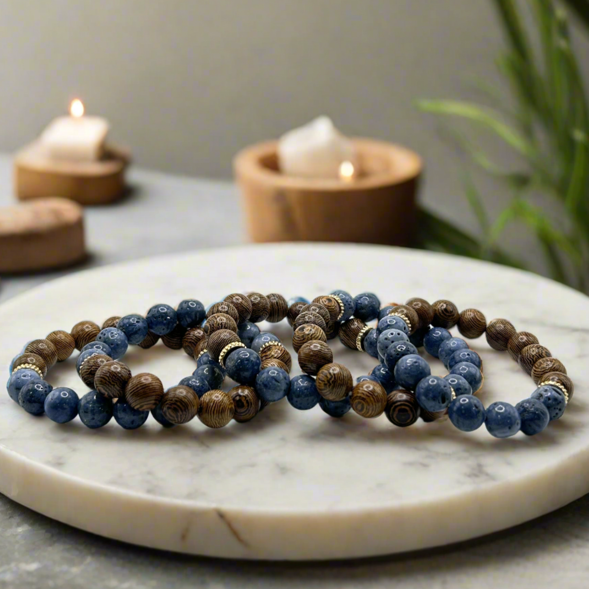 Blue Stone and Wood Stretch Bracelet - T. Randall Jewelry