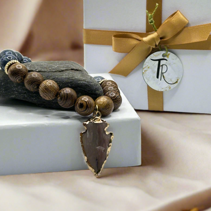 Blue Stone And Wood Stretch Bracelet With Agate Arrowhead Charm - T. Randall Jewelry