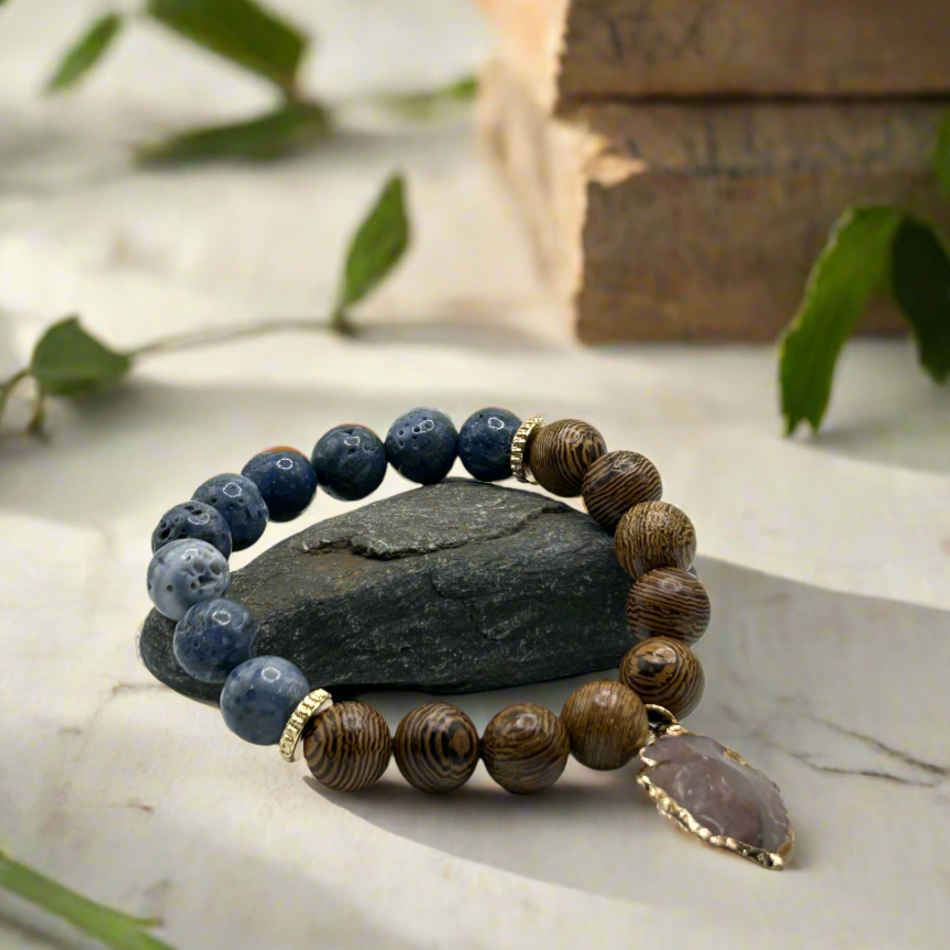 Blue Stone And Wood Stretch Bracelet With Agate Arrowhead Charm - T. Randall Jewelry