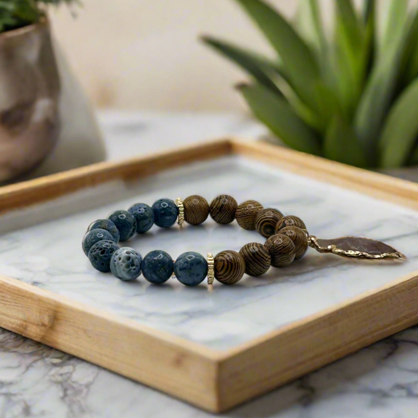 Blue Stone And Wood Stretch Bracelet With Agate Arrowhead Charm - T. Randall Jewelry