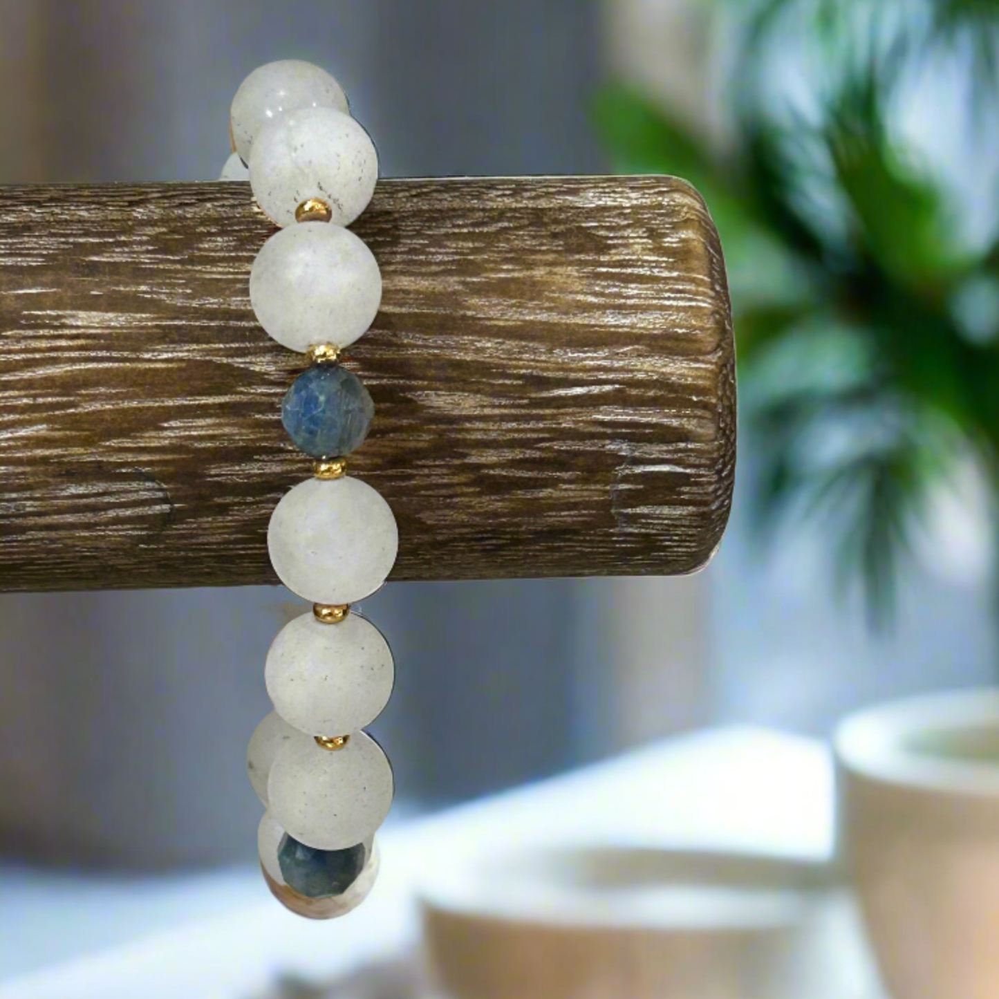 White Agate Blue Kyanite Stretch Bracelet - T. Randall Jewelry