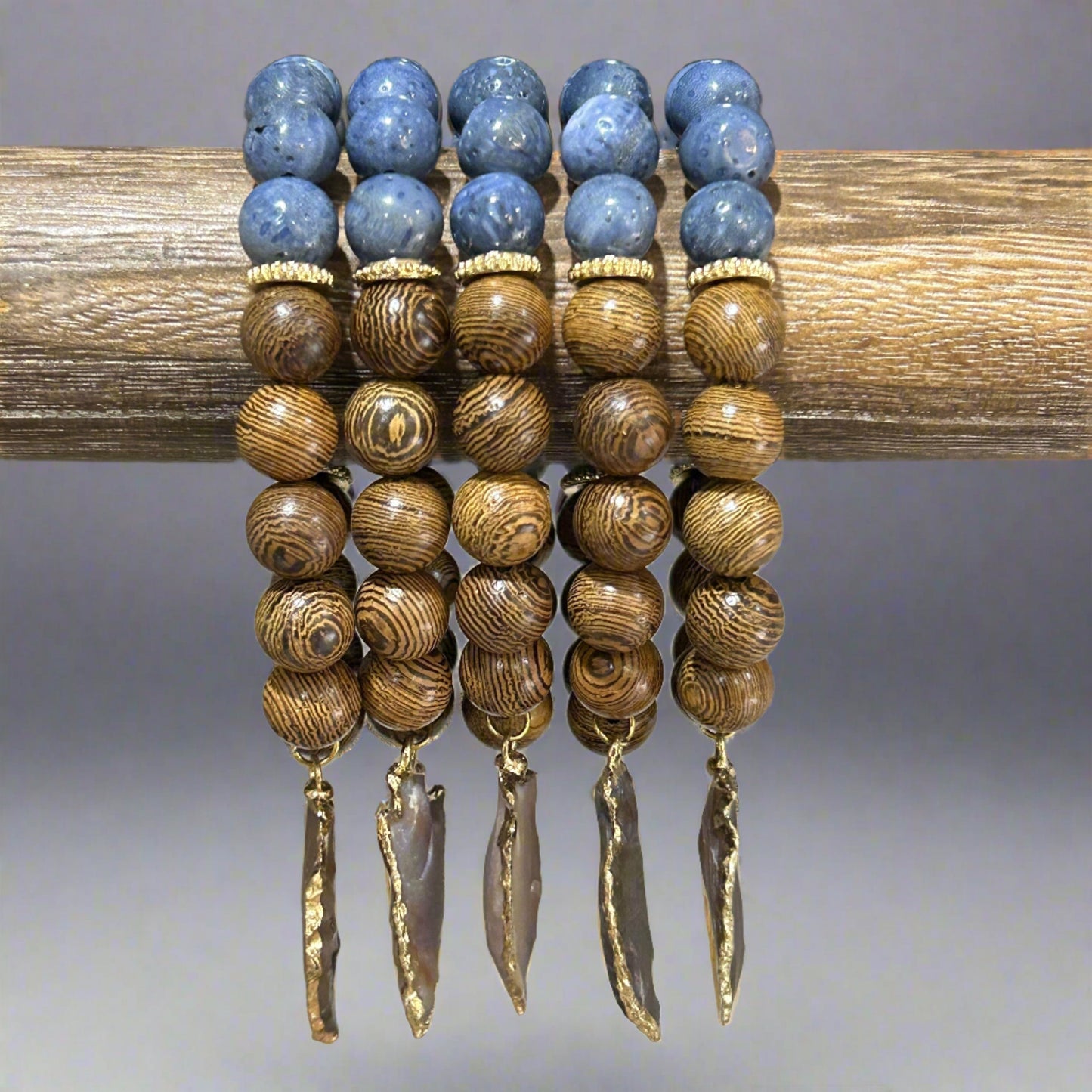 Blue Stone And Wood Stretch Bracelet With Agate Arrowhead Charm - T. Randall Jewelry