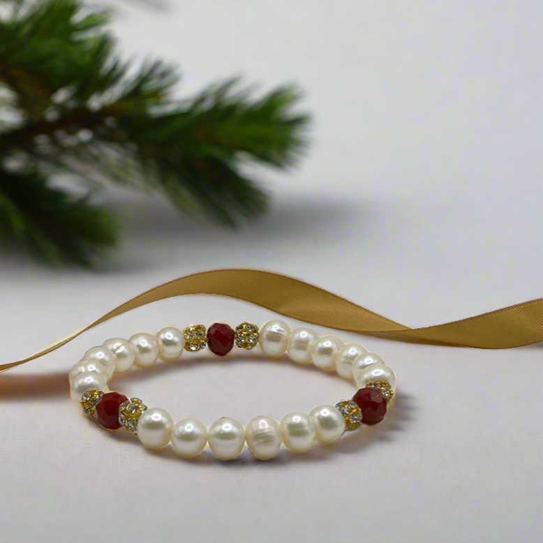 Freshwater Pearl Red Crystal Stretch Bracelet