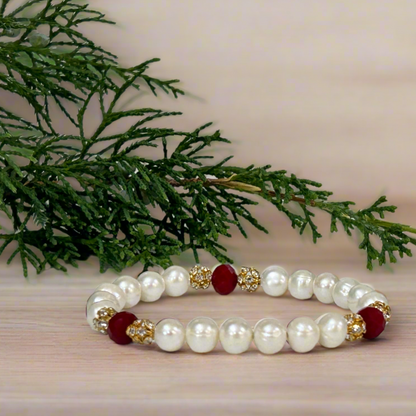 Freshwater Pearl Red Crystal Stretch Bracelet