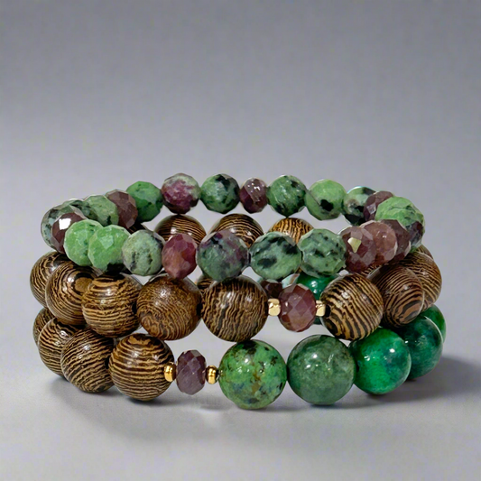 Wood Malachite Azurite Ruby Stretch Bracelet Set