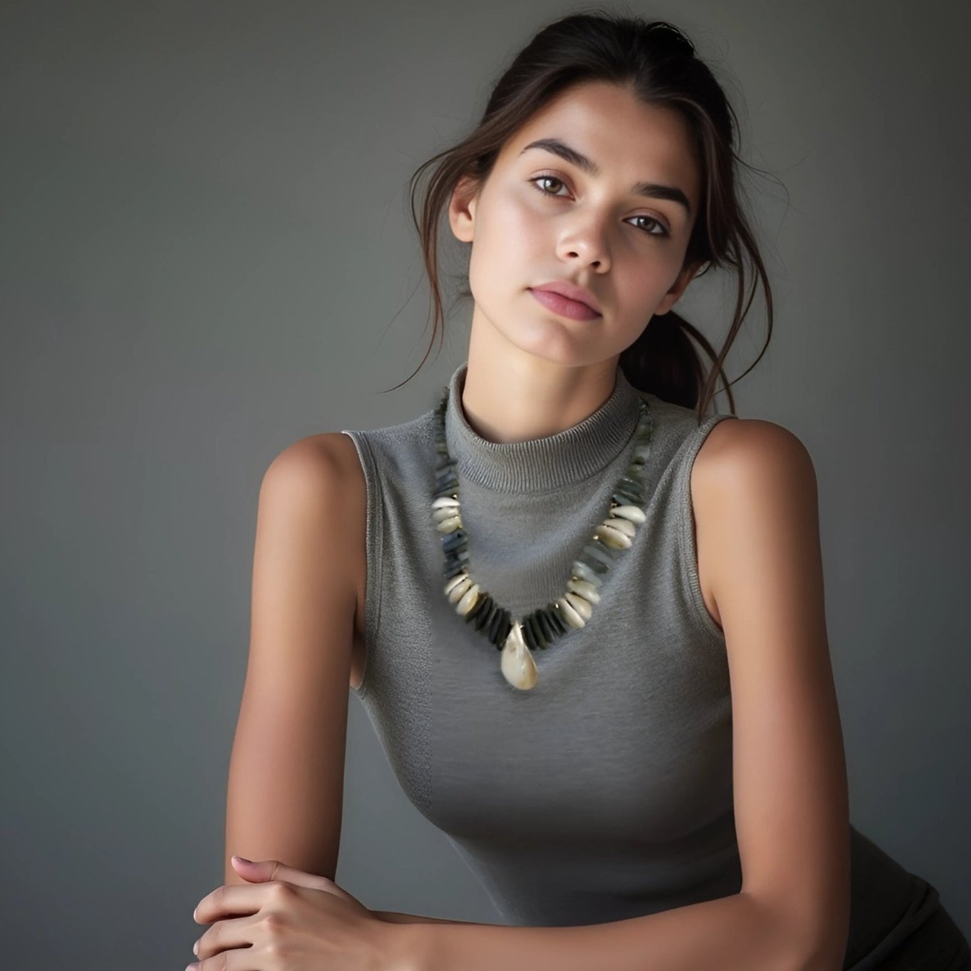 labradorite shell statement necklace on model