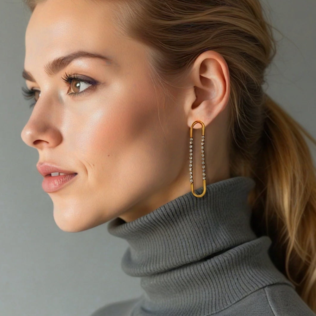 Gold Long Drop Link Earrings