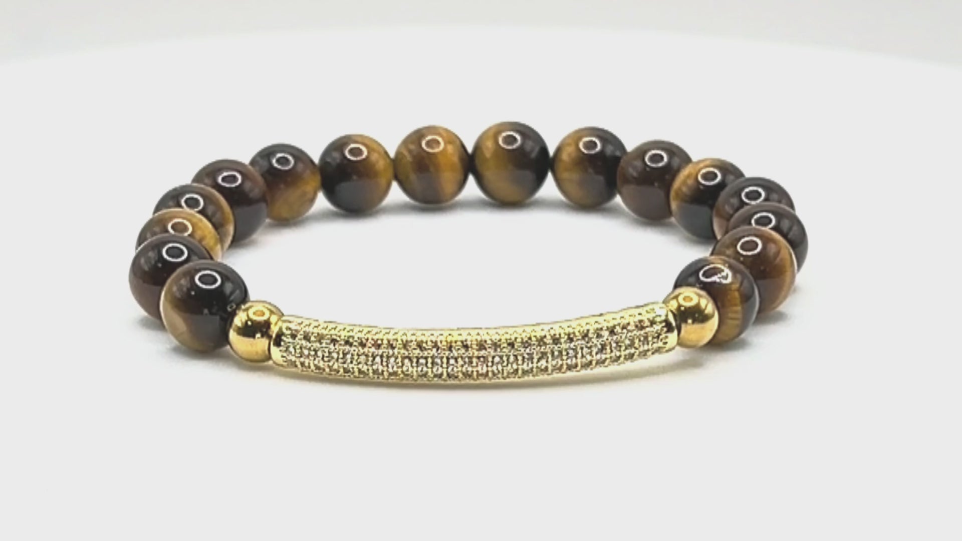 Load video: Tiger&#39;s Eye Beaded Pave Focal Stretch Bracelet