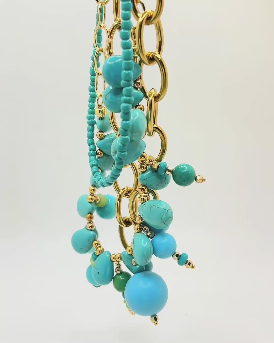 Load video: Multi-Strand Gold Tone Turquoise Colored Chunky Beaded Necklace