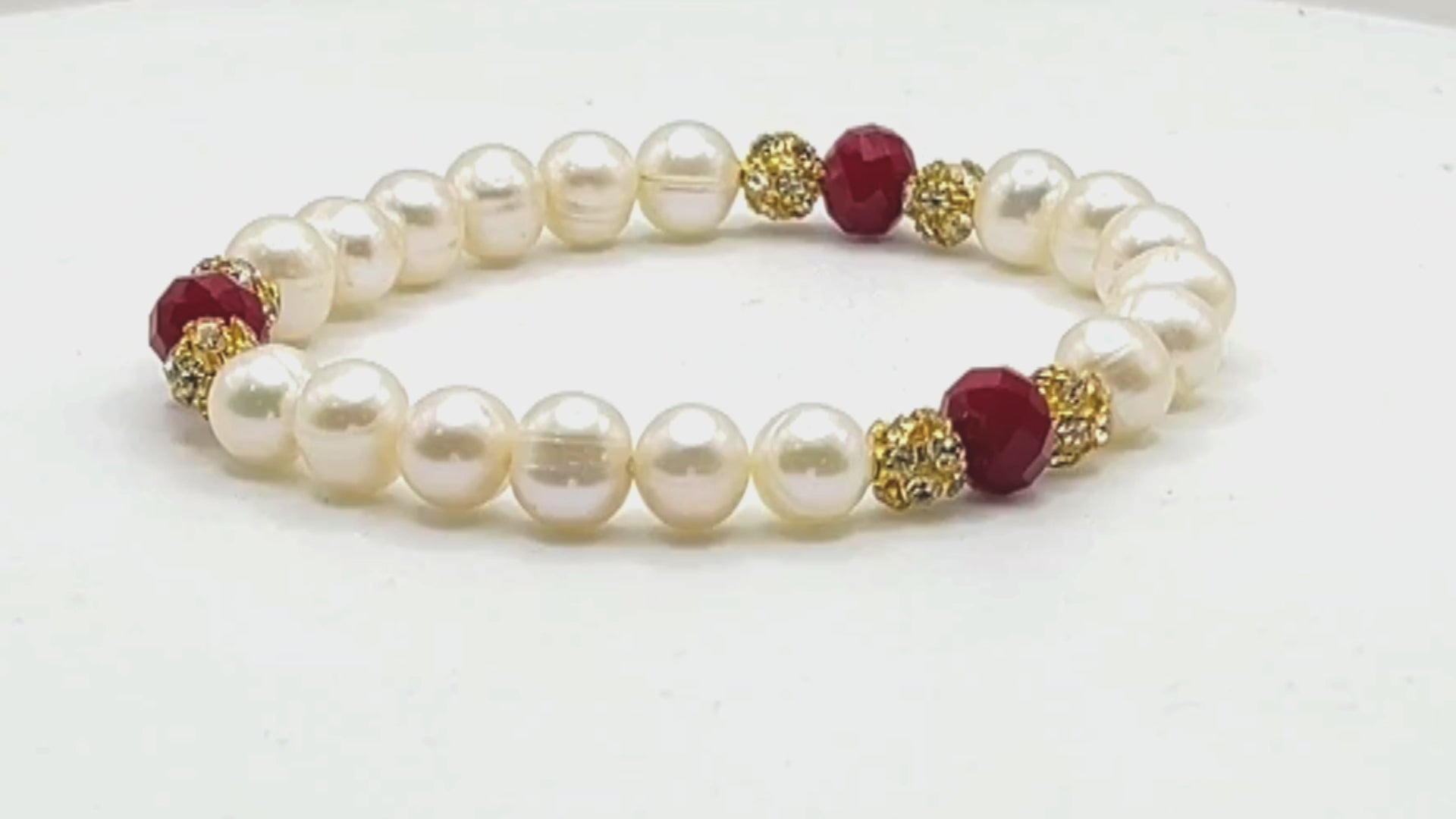 Load video: Freshwater Pearl Red Crystal Stretch Bracelet