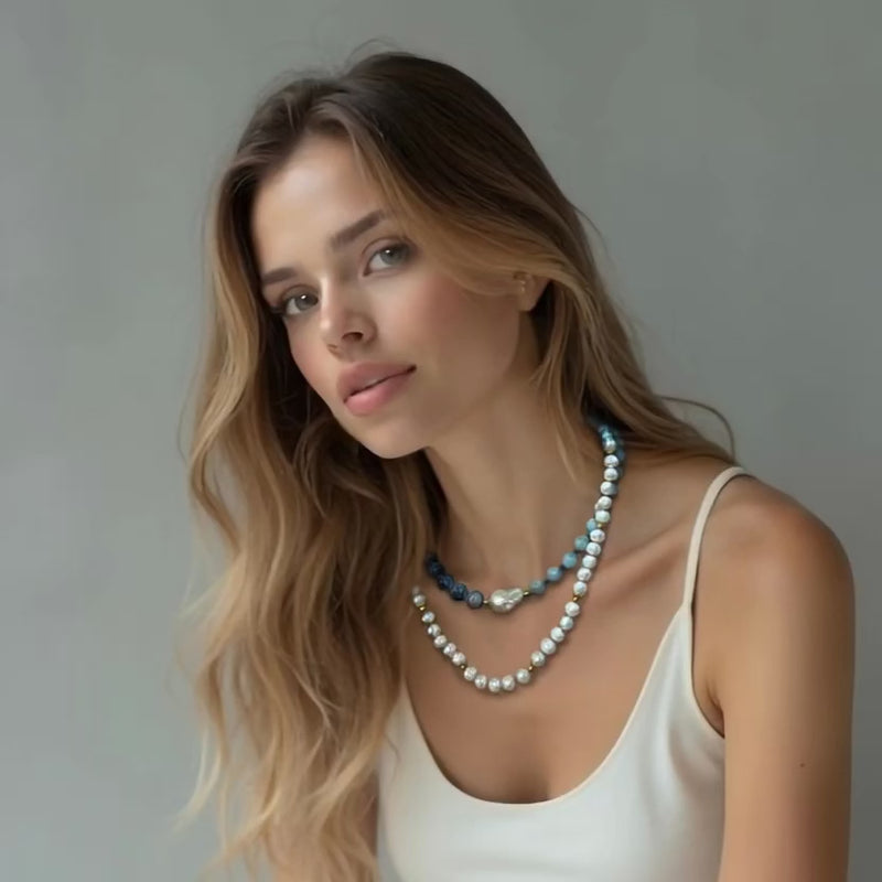 pearl hand knotted necklace on model