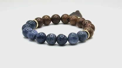 Blue Stone And Wood Stretch Bracelet With Agate Arrowhead Charm