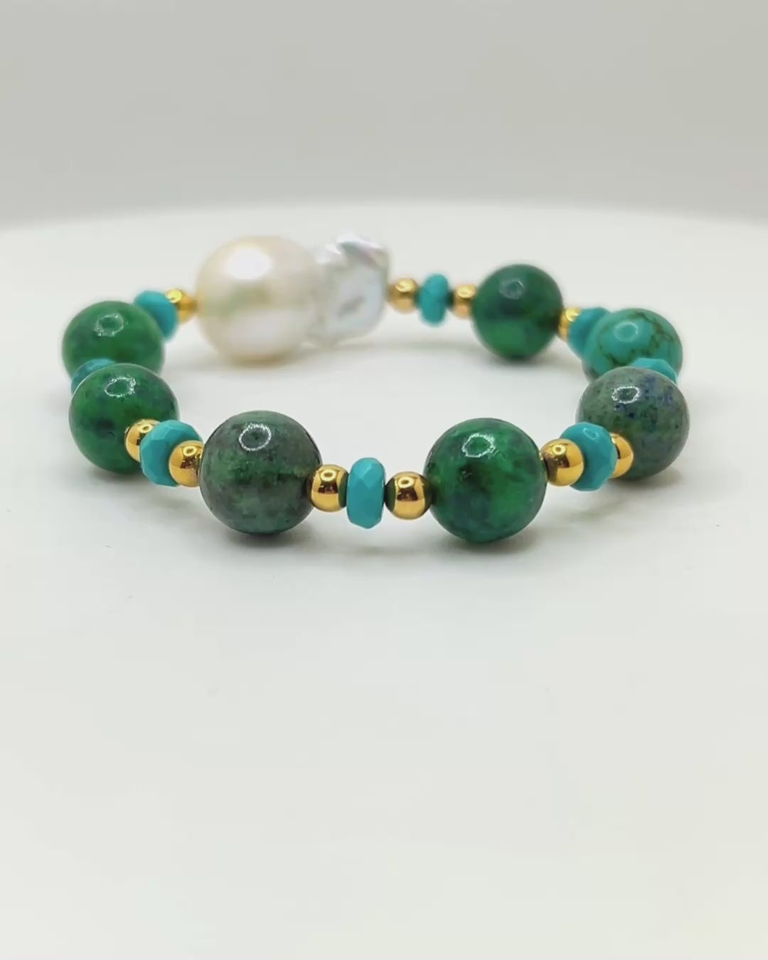 Load video: Genuine Turquoise and Baroque Pearl Stretch Bracelet