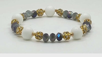 White Ware Blue Gold Crystal Beaded Stretch Bracelet