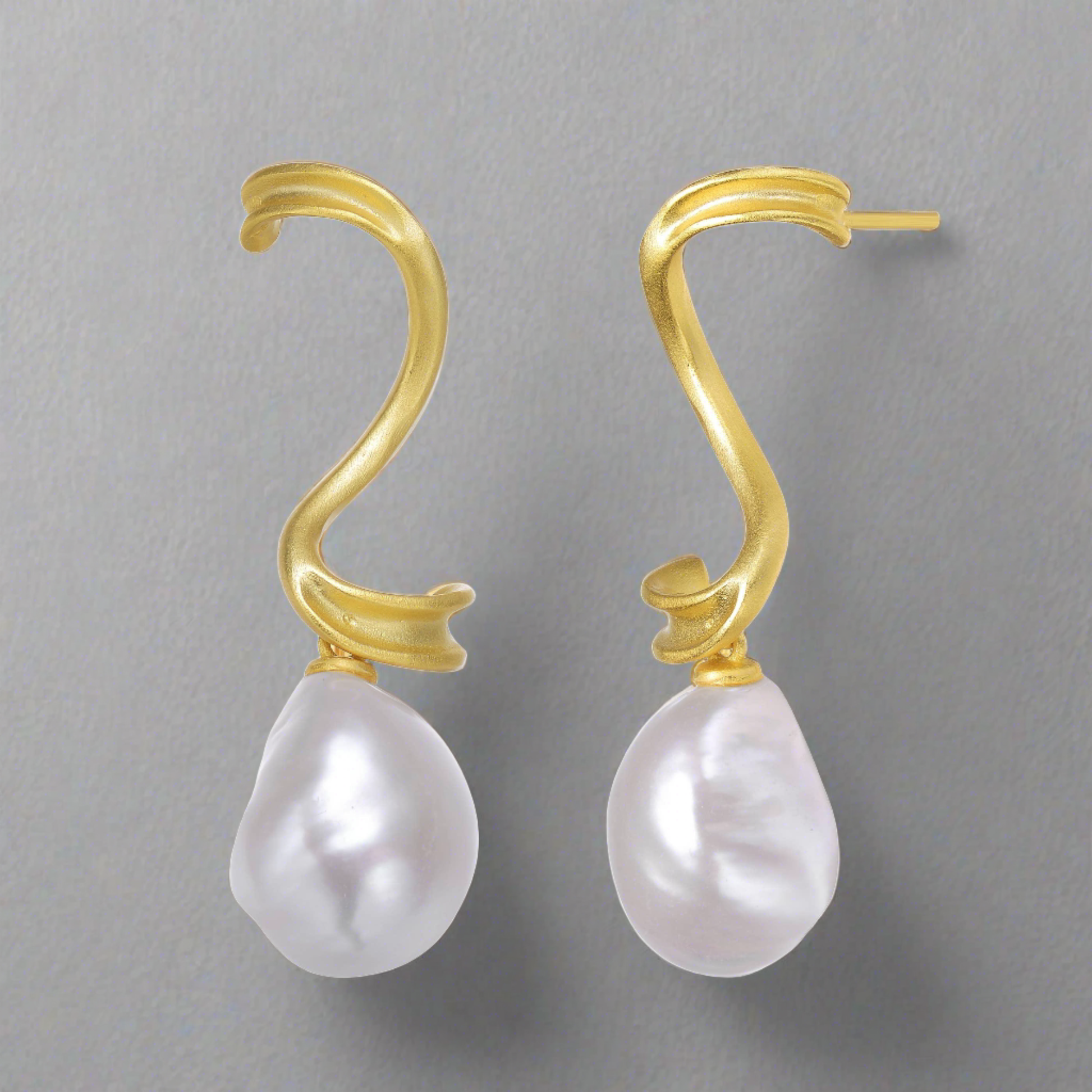 Sterling Silver Gold Plated Drop Pearl Swirl Earrings - T. Randall Jewelry